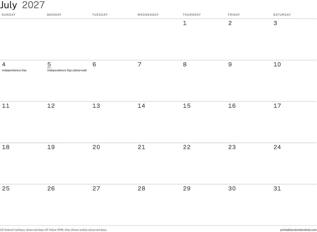 July 2027 calendar, printable with US holidays, Minimal ink-saver design, landscape