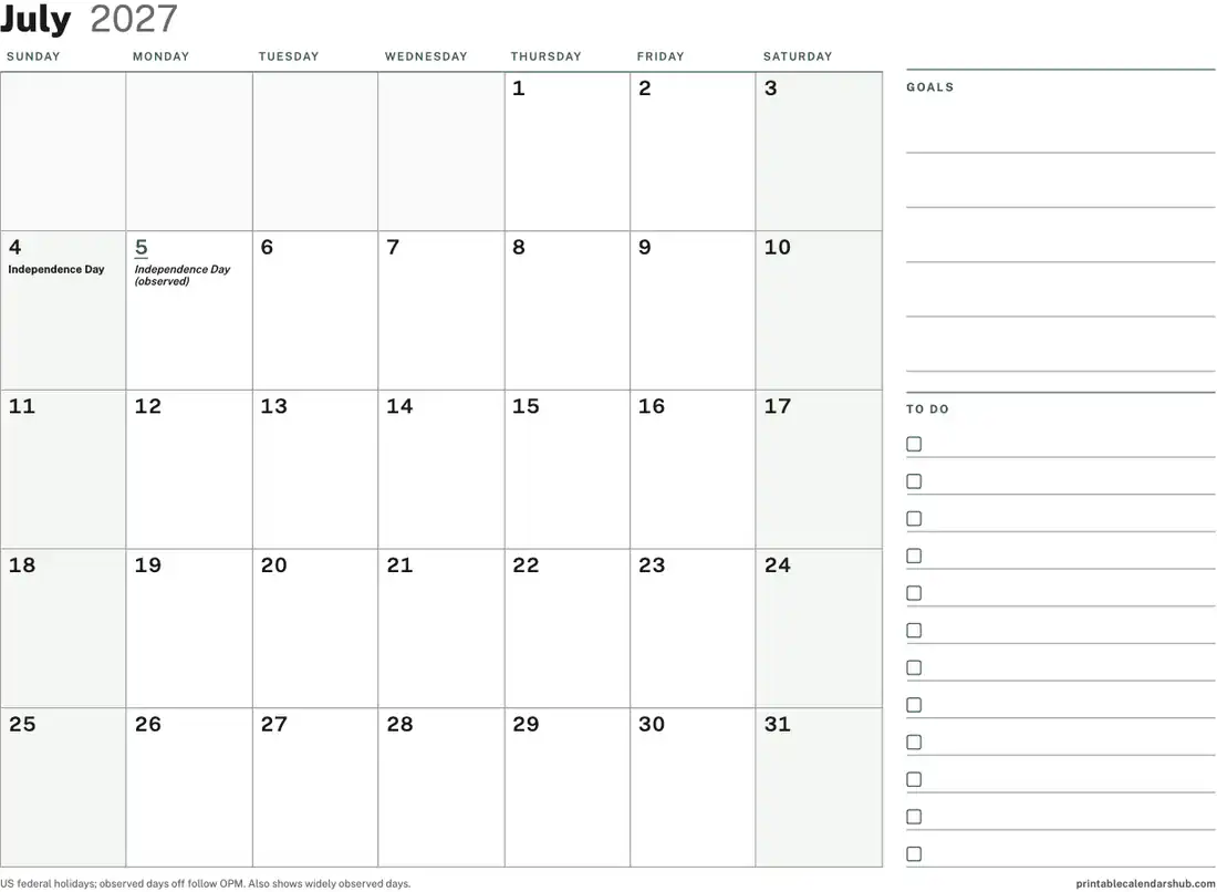 July 2027 calendar, printable with US holidays, Planner with to-do column design, landscape