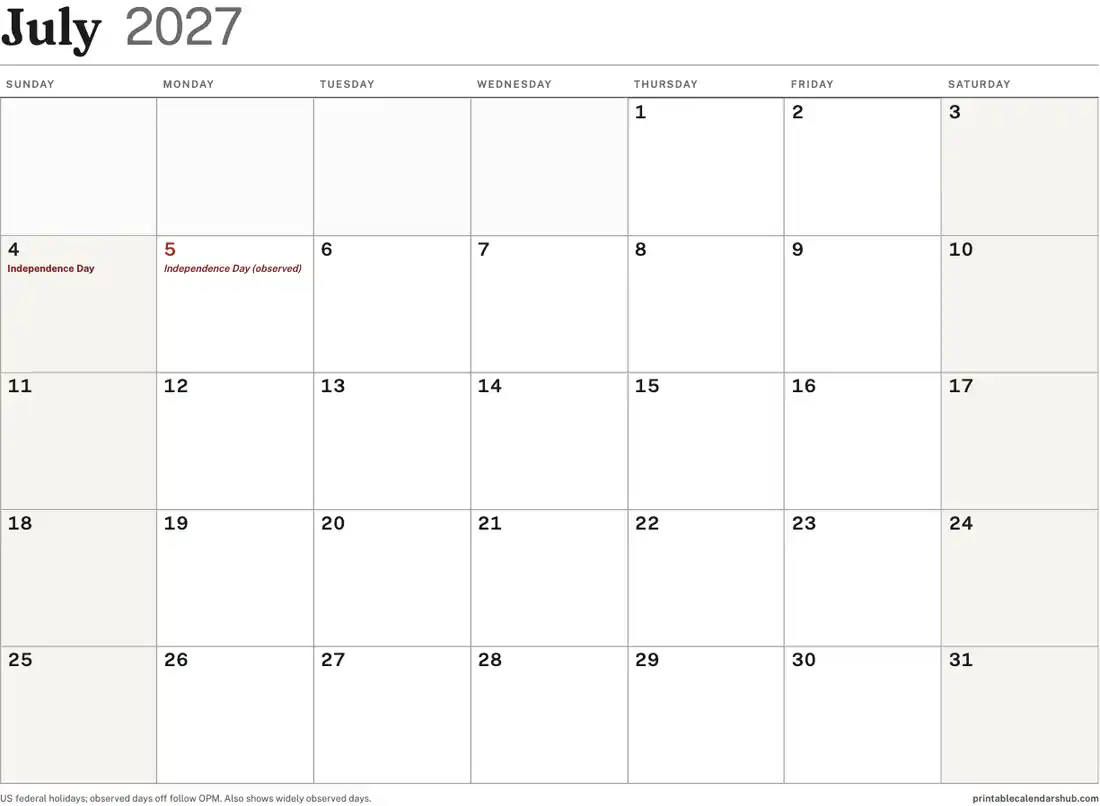 July 2027 calendar, printable with US holidays, landscape