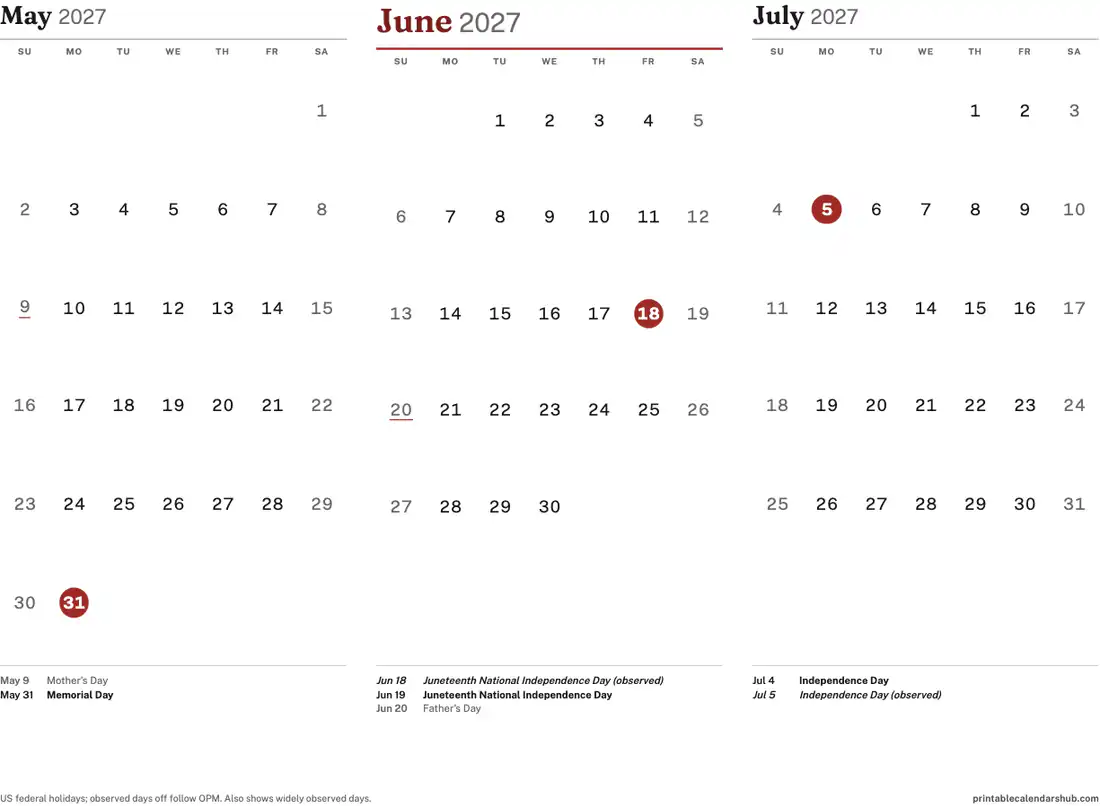 June 2027 calendar, printable with US holidays, 3-month view design, landscape