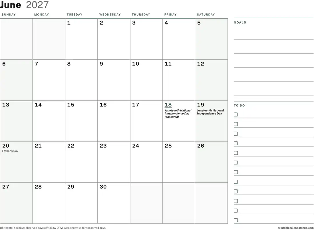 June 2027 calendar, printable with US holidays, Planner with to-do column design, landscape