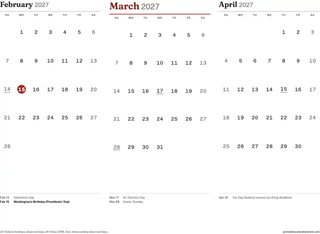March 2027 calendar, printable with US holidays, 3-month view design, landscape