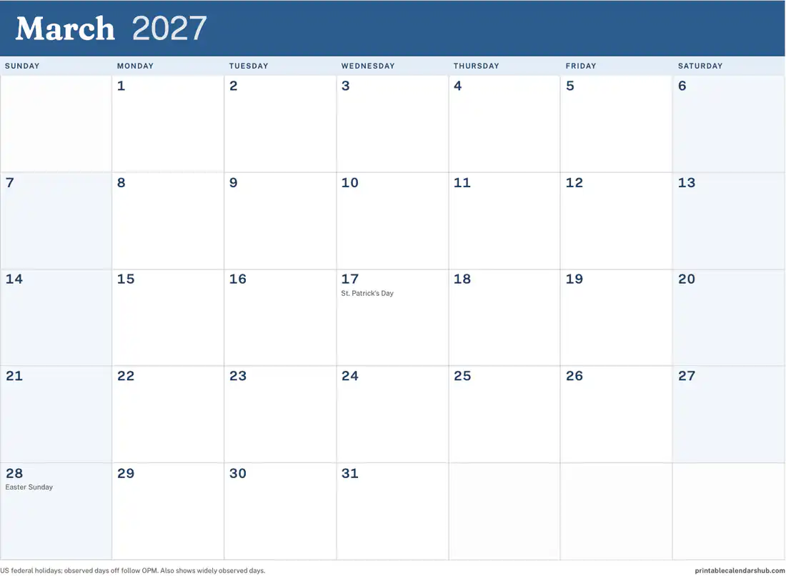 March 2027 calendar, printable with US holidays, Color accent design, landscape