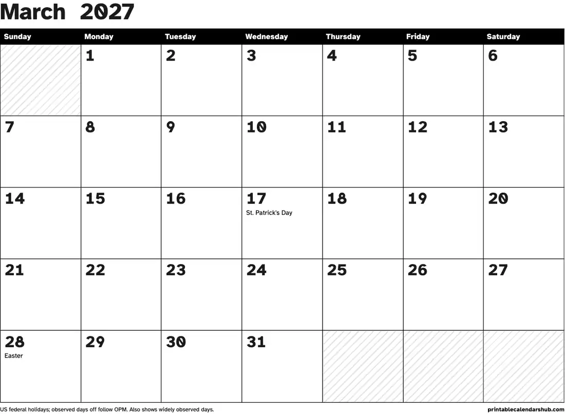March 2027 calendar, printable with US holidays, Large print, high contrast design, landscape