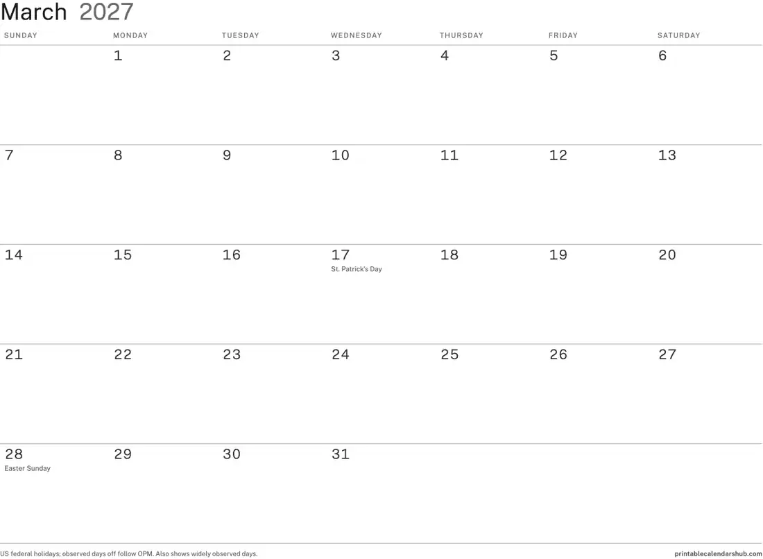 March 2027 calendar, printable with US holidays, Minimal ink-saver design, landscape