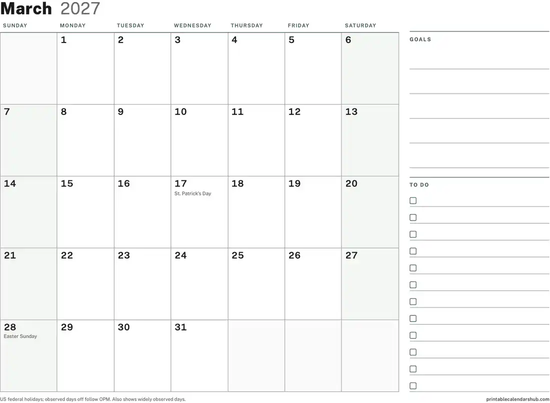 March 2027 calendar, printable with US holidays, Planner with to-do column design, landscape
