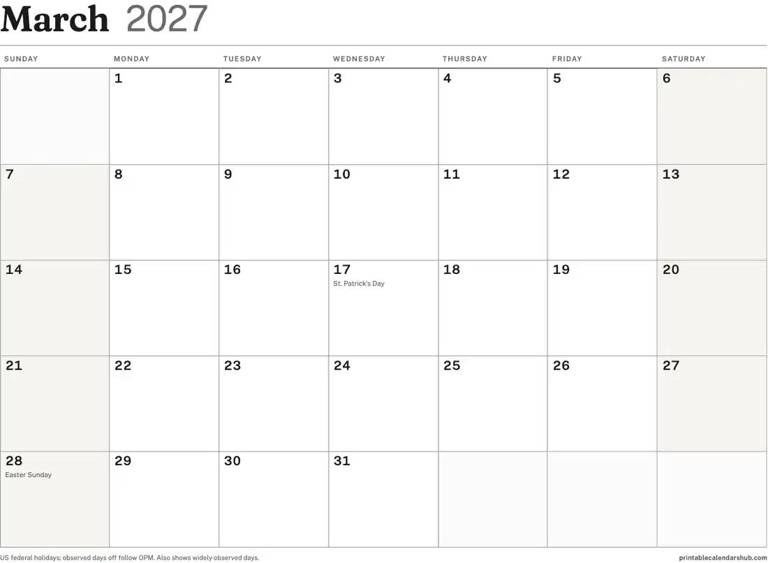 March 2027 calendar, printable with US holidays, landscape