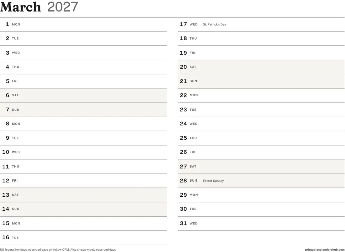 March 2027 calendar, printable with US holidays, Vertical list design, landscape