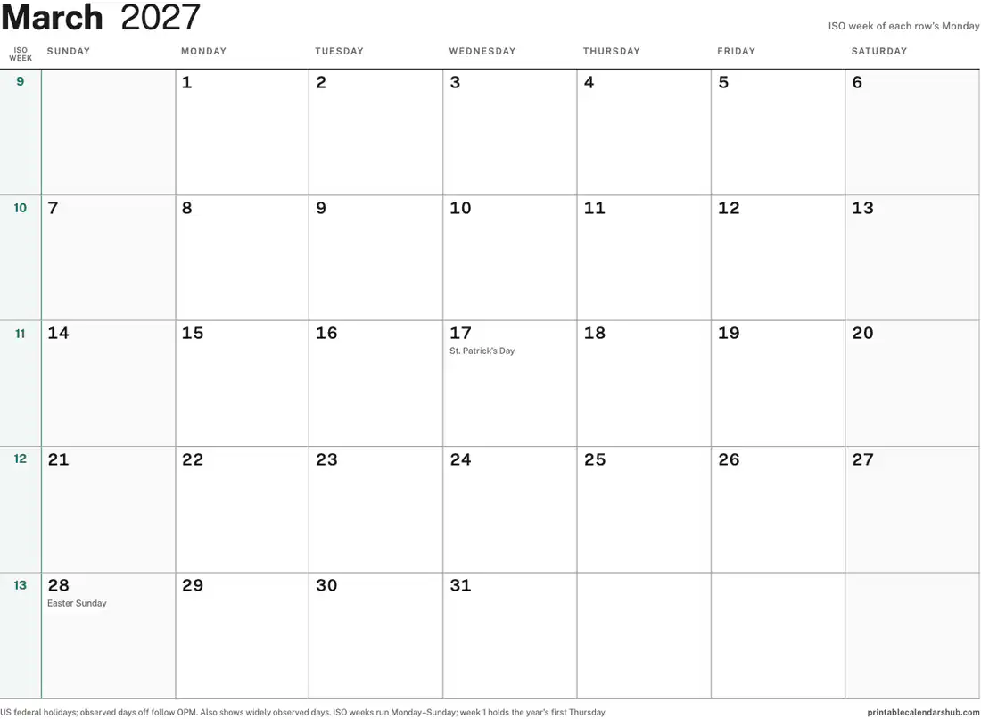 March 2027 calendar, printable with US holidays, ISO week numbers design, landscape