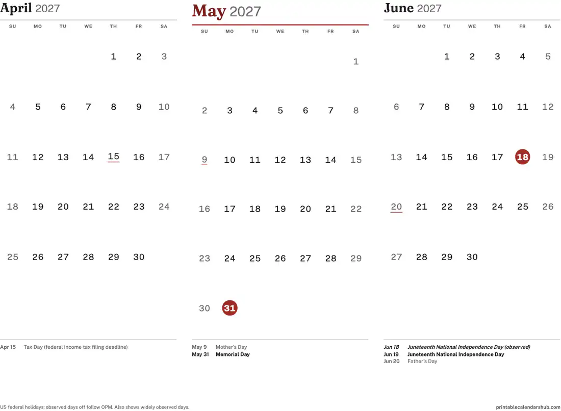 May 2027 calendar, printable with US holidays, 3-month view design, landscape