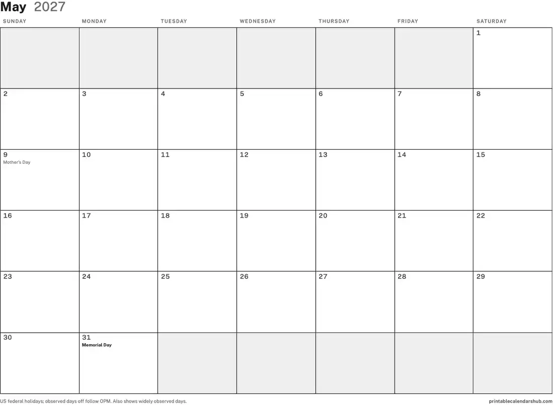 May 2027 calendar, printable with US holidays, Blank design, landscape