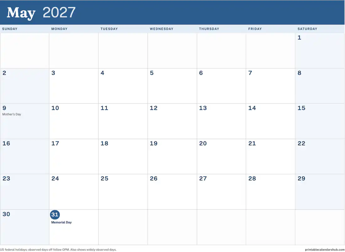 May 2027 calendar, printable with US holidays, Color accent design, landscape