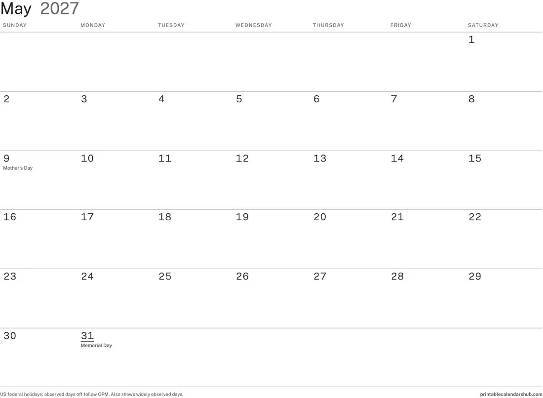 May 2027 calendar, printable with US holidays, Minimal ink-saver design, landscape