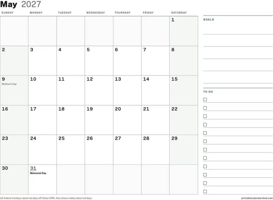 May 2027 calendar, printable with US holidays, Planner with to-do column design, landscape