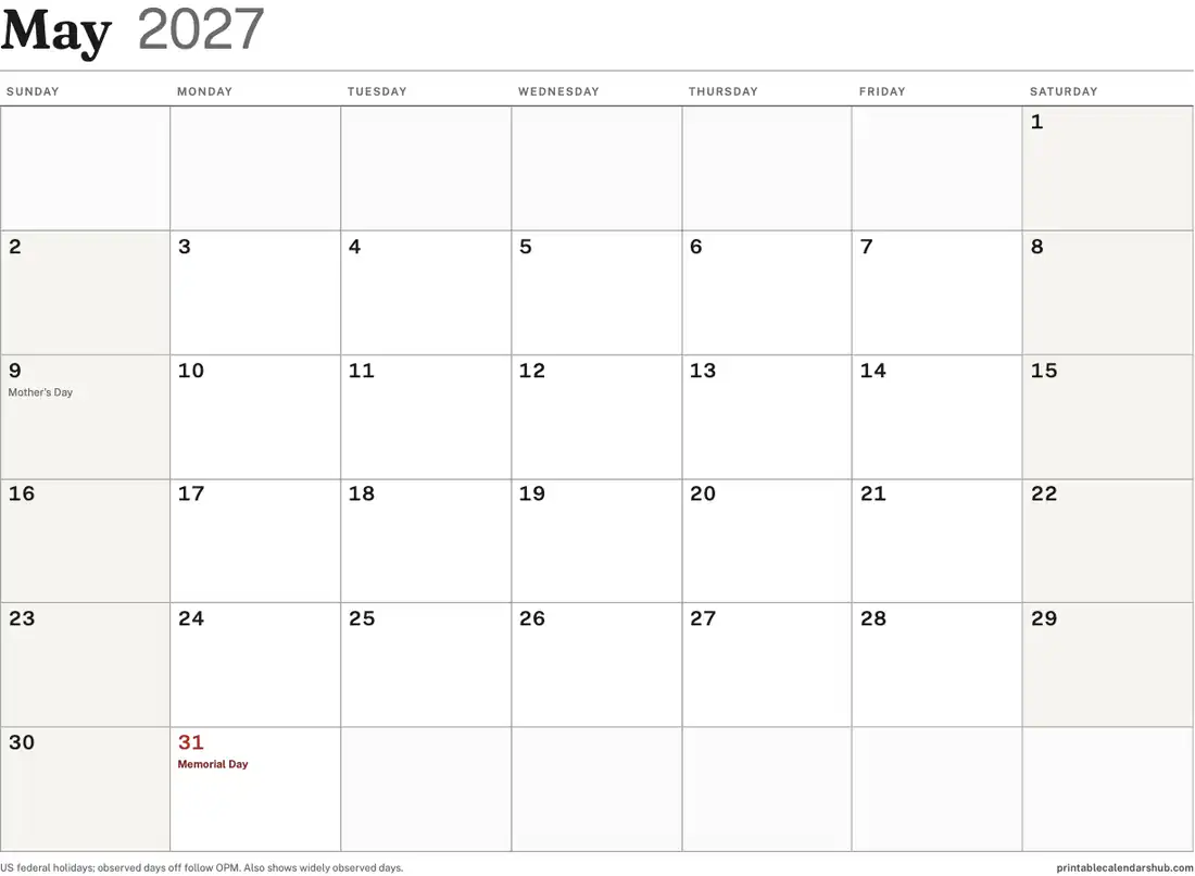 May 2027 calendar, printable with US holidays, landscape