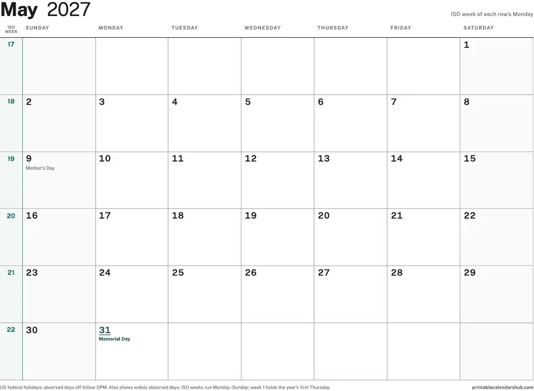 May 2027 calendar, printable with US holidays, ISO week numbers design, landscape