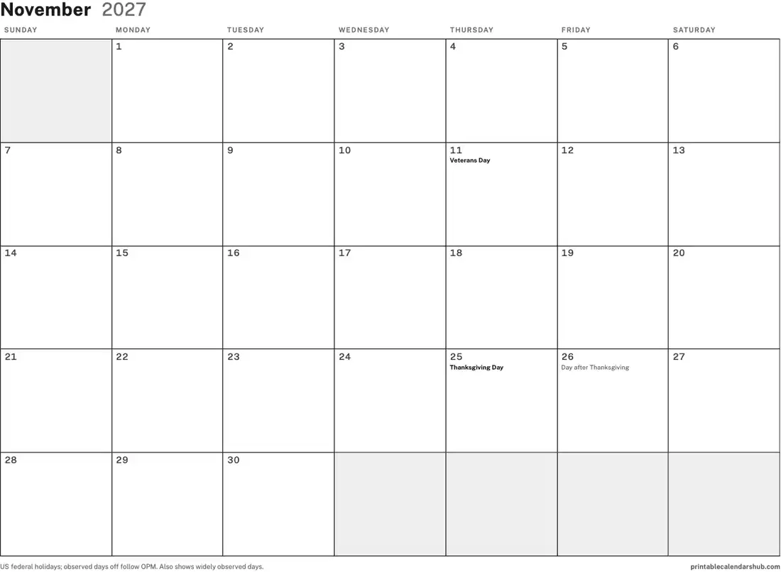November 2027 calendar, printable with US holidays, Blank design, landscape