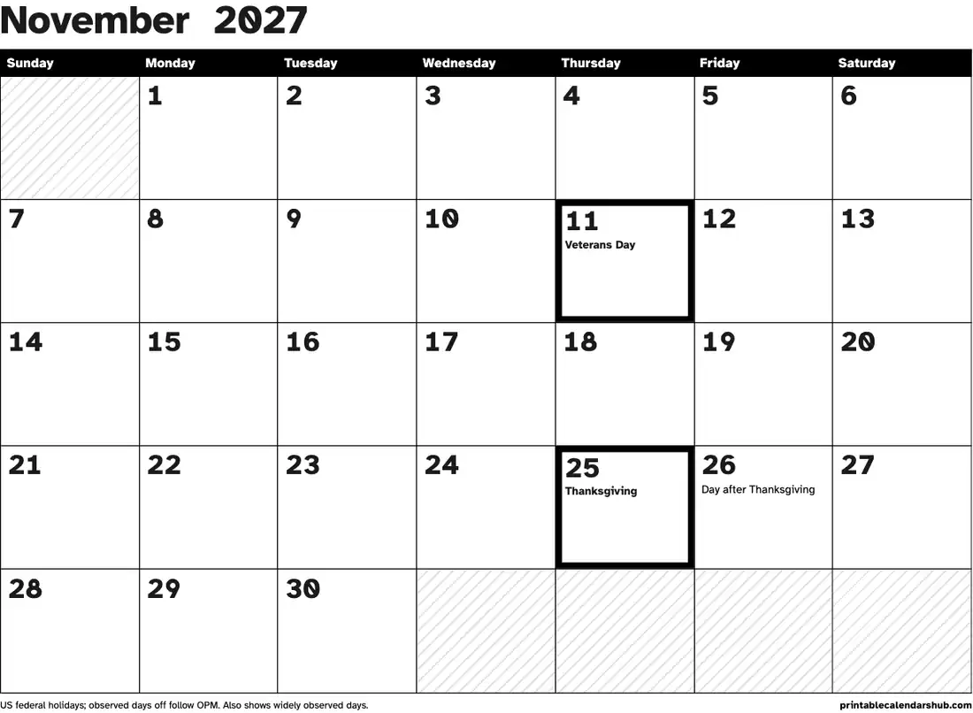 November 2027 calendar, printable with US holidays, Large print, high contrast design, landscape