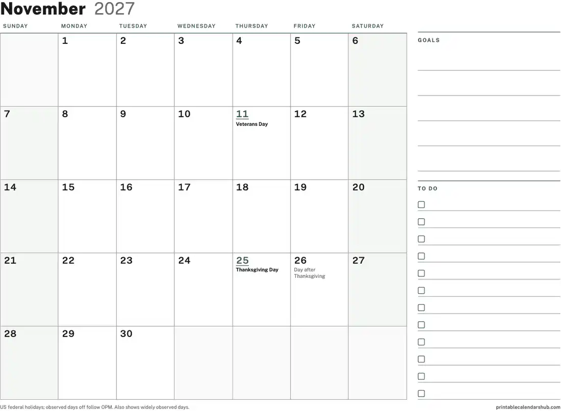 November 2027 calendar, printable with US holidays, Planner with to-do column design, landscape
