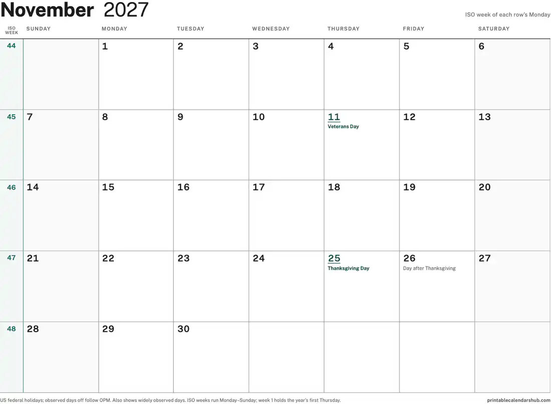 November 2027 calendar, printable with US holidays, ISO week numbers design, landscape