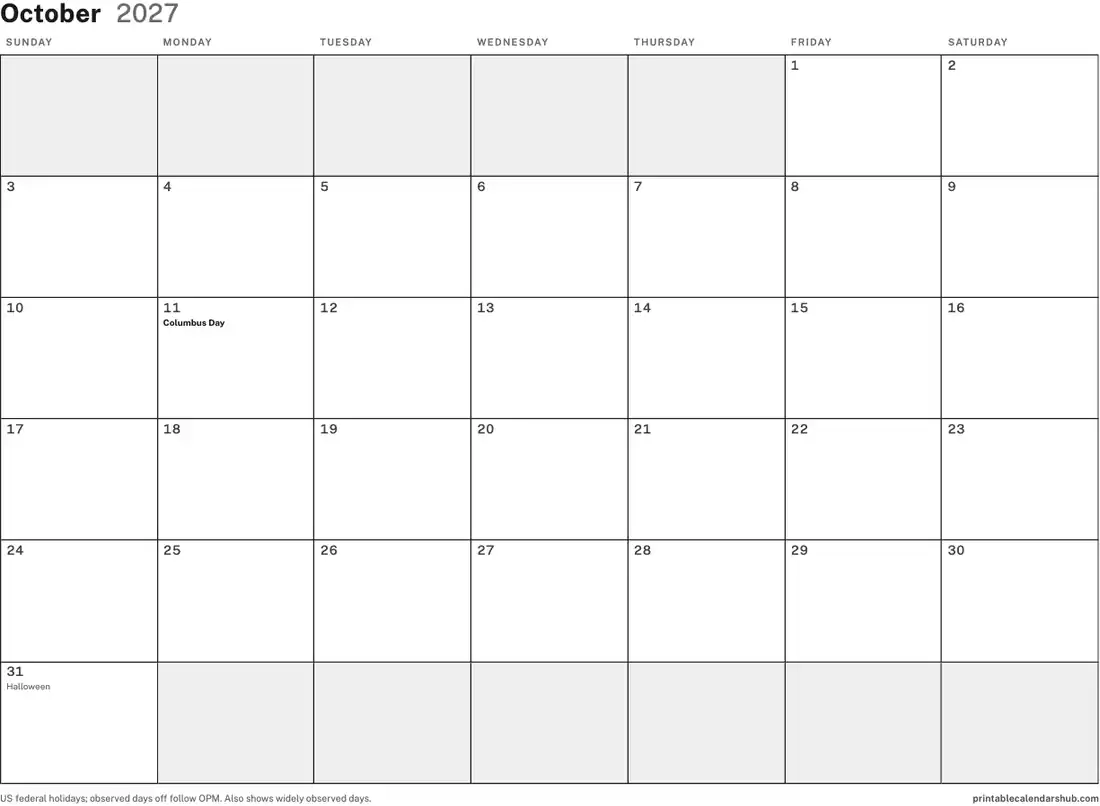 October 2027 calendar, printable with US holidays, Blank design, landscape