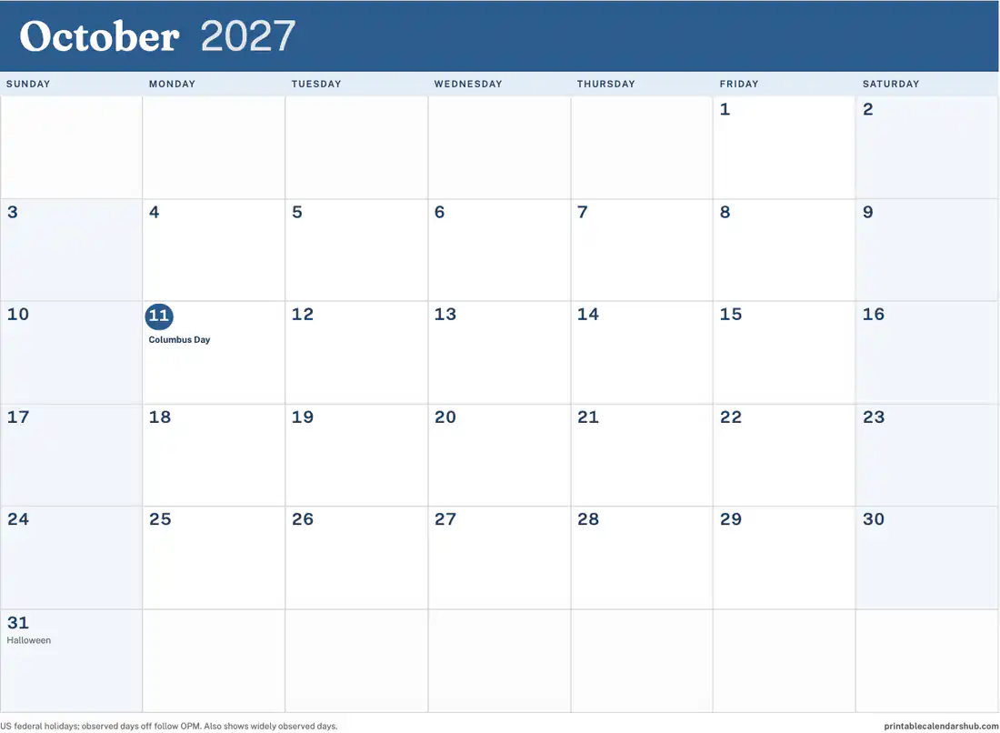 October 2027 calendar, printable with US holidays, Color accent design, landscape