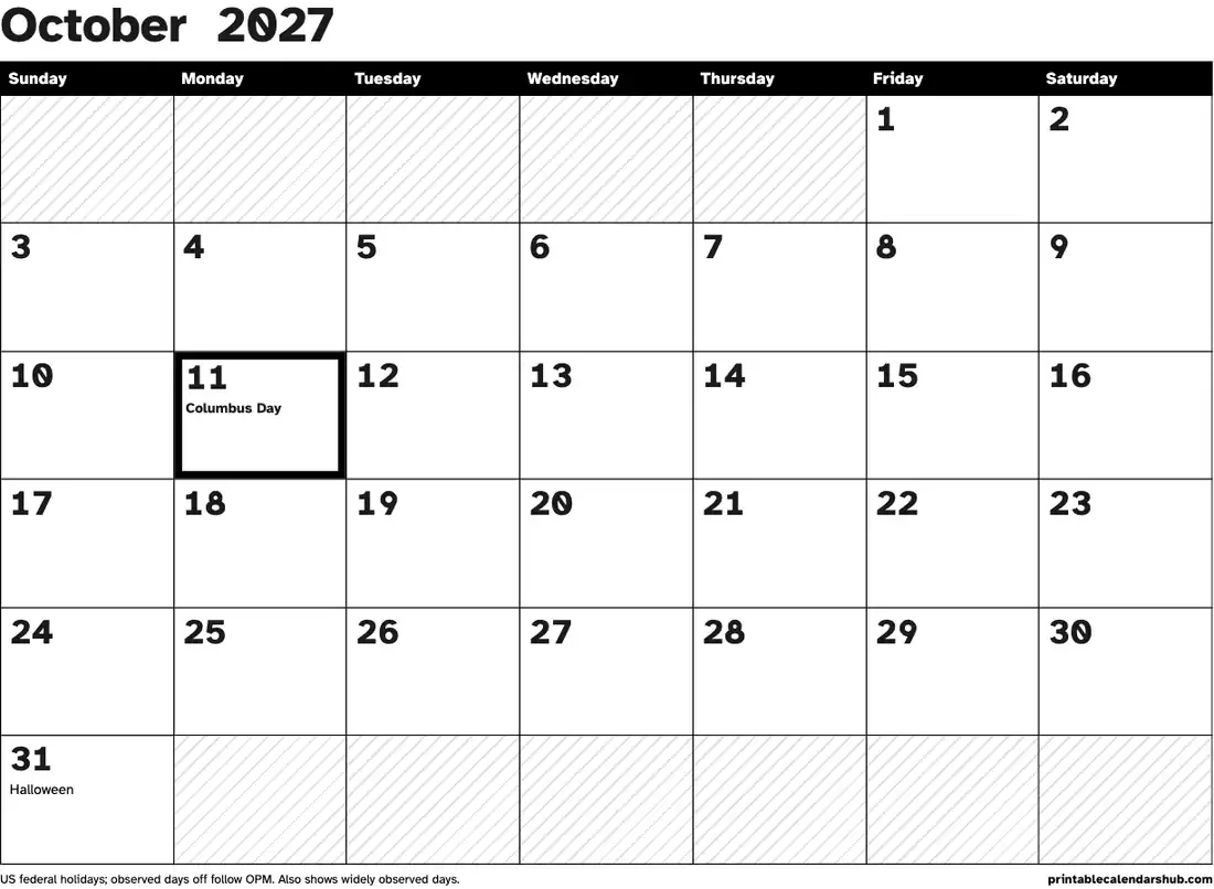 October 2027 calendar, printable with US holidays, Large print, high contrast design, landscape