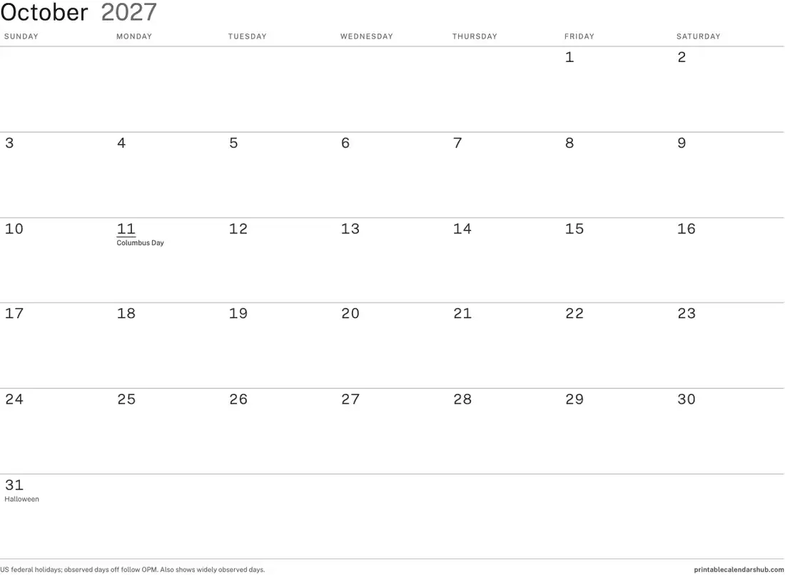 October 2027 calendar, printable with US holidays, Minimal ink-saver design, landscape