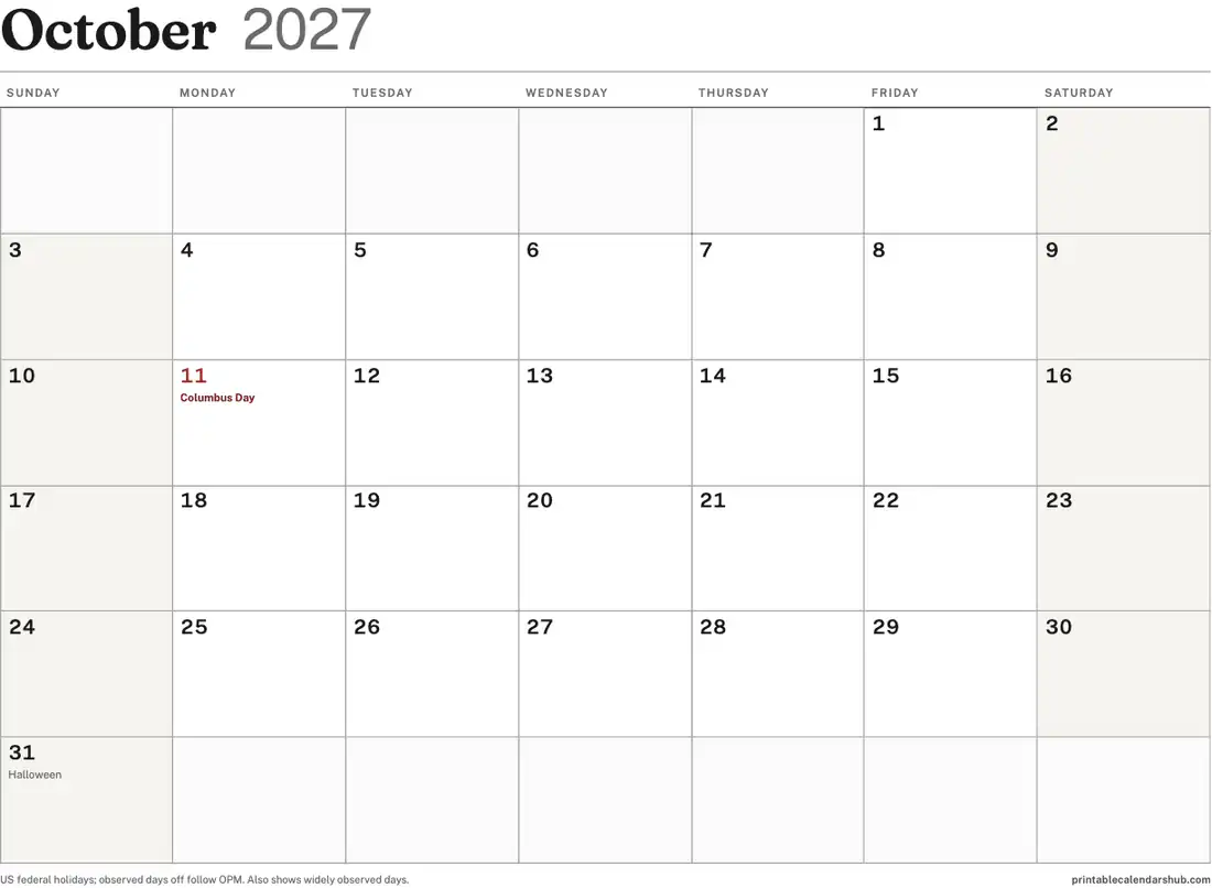 October 2027 calendar, printable with US holidays, landscape