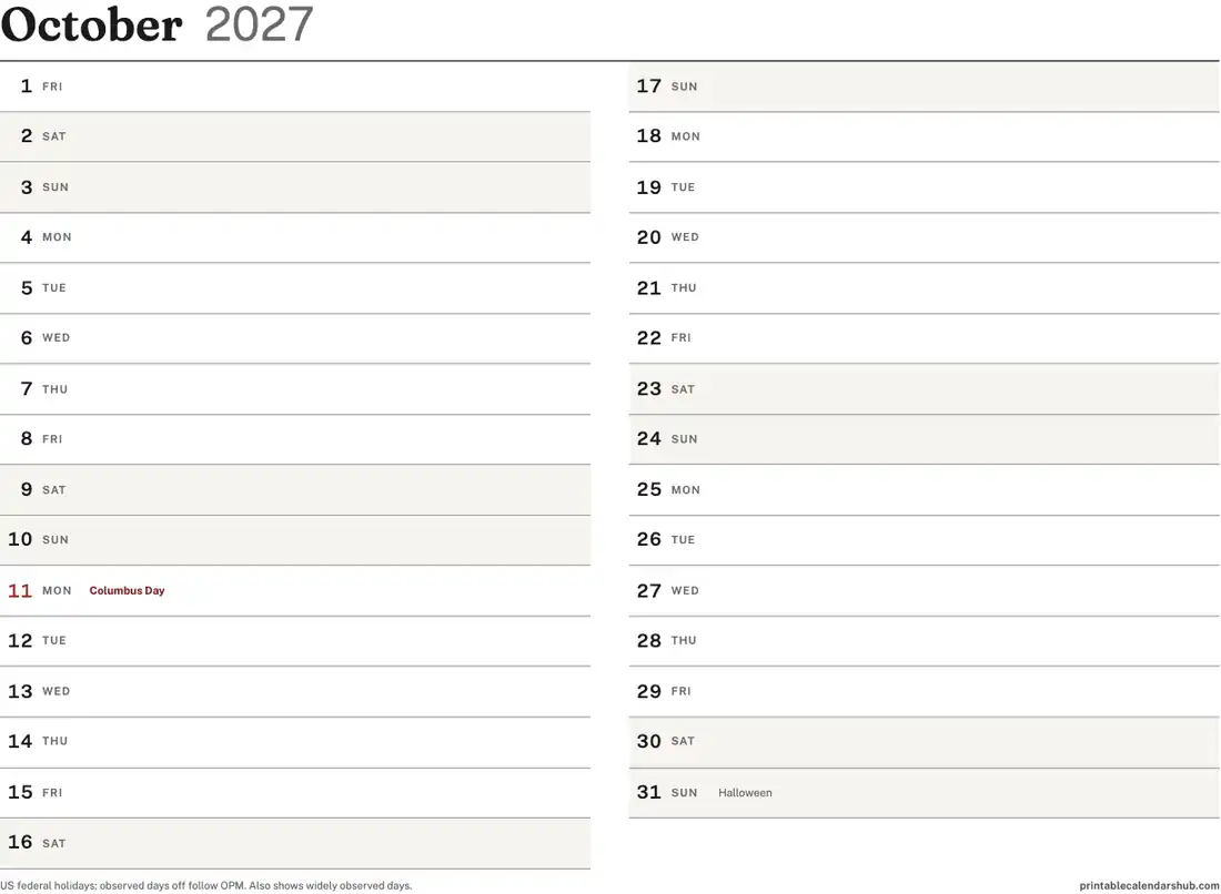 October 2027 calendar, printable with US holidays, Vertical list design, landscape