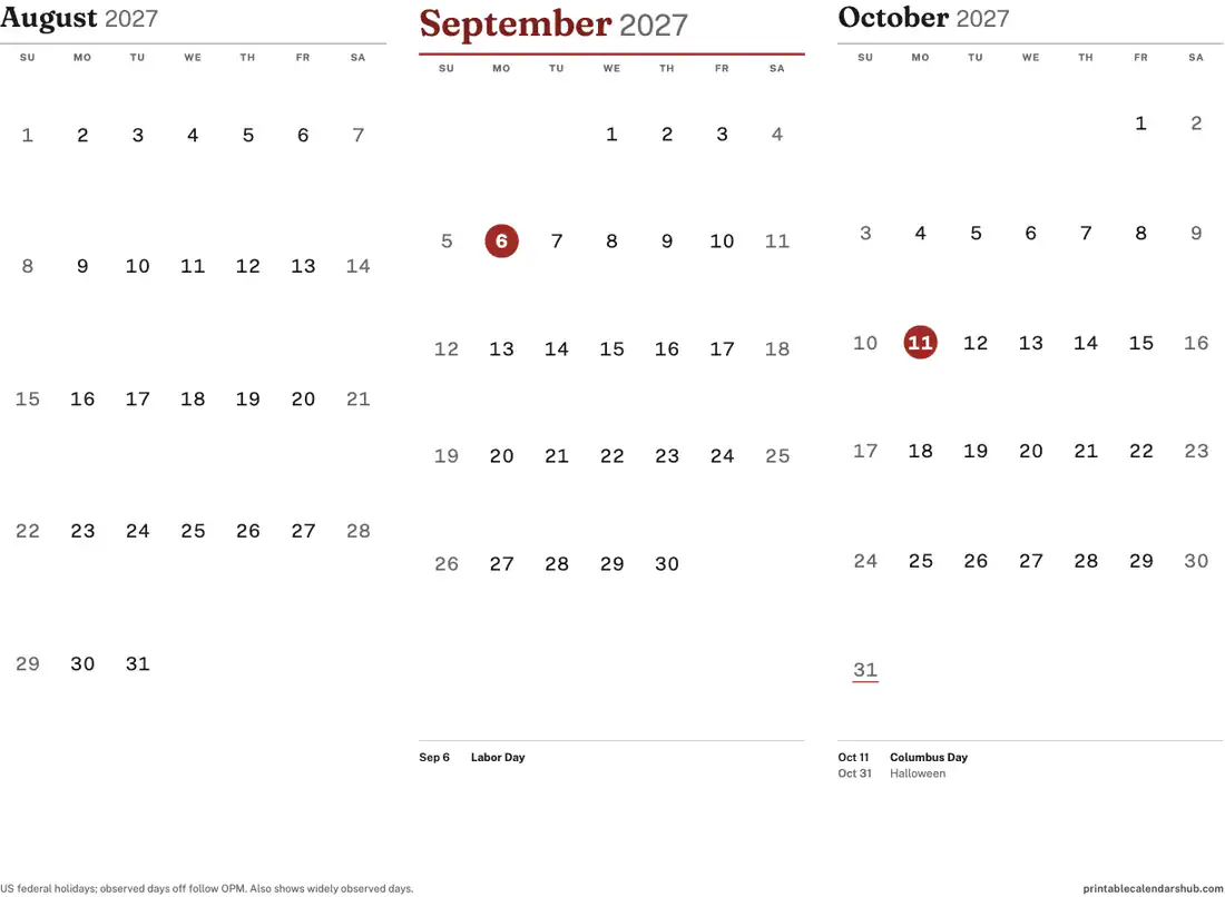 September 2027 calendar, printable with US holidays, 3-month view design, landscape