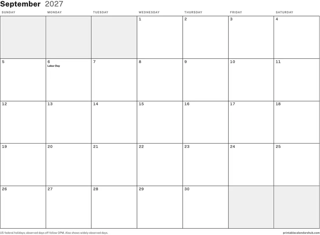 September 2027 calendar, printable with US holidays, Blank design, landscape