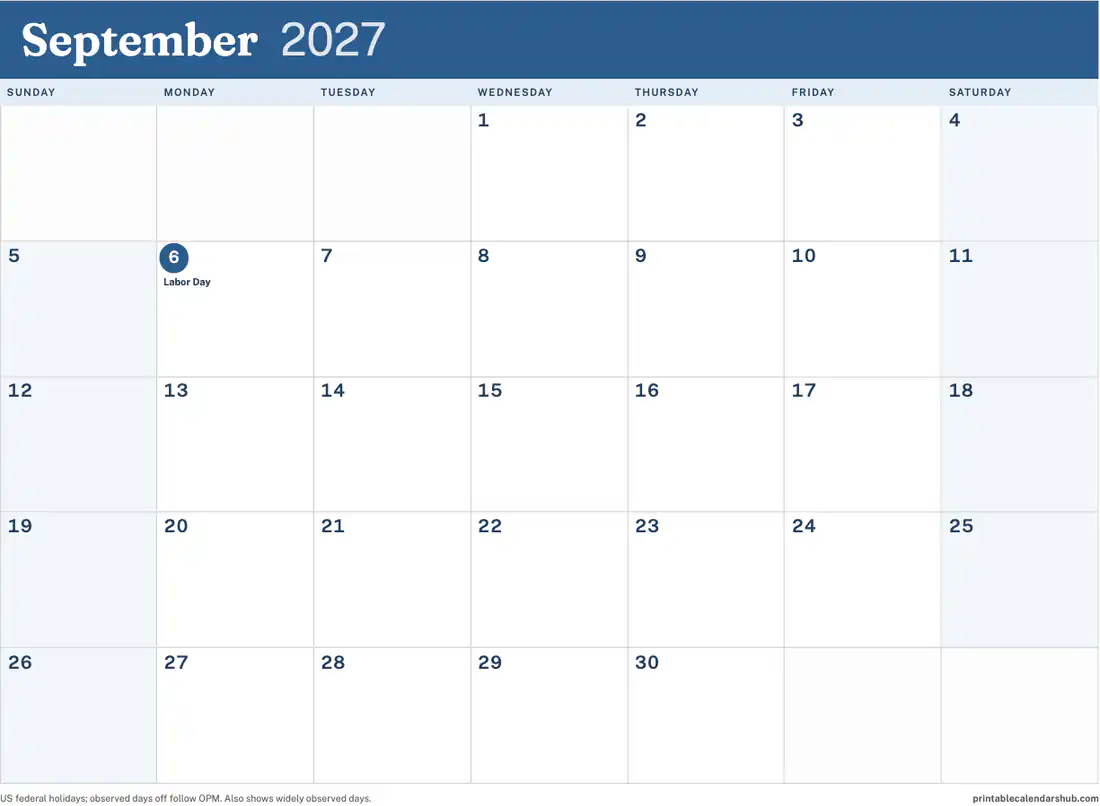 September 2027 calendar, printable with US holidays, Color accent design, landscape