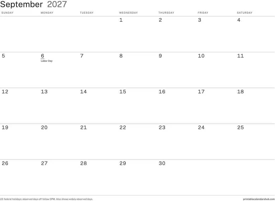 September 2027 calendar, printable with US holidays, Minimal ink-saver design, landscape