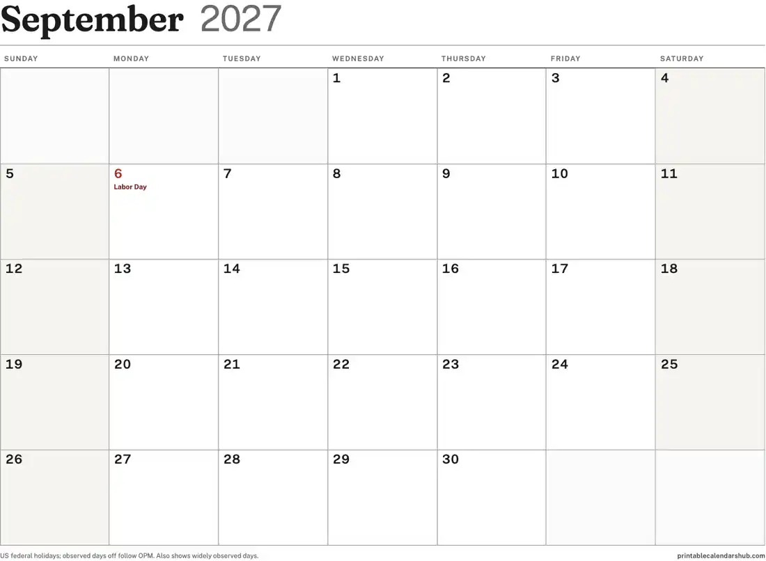 September 2027 calendar, printable with US holidays, landscape