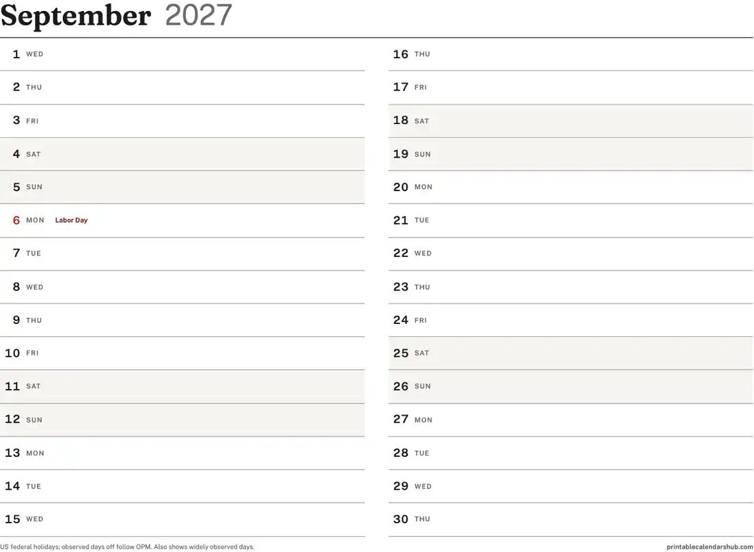 September 2027 calendar, printable with US holidays, Vertical list design, landscape