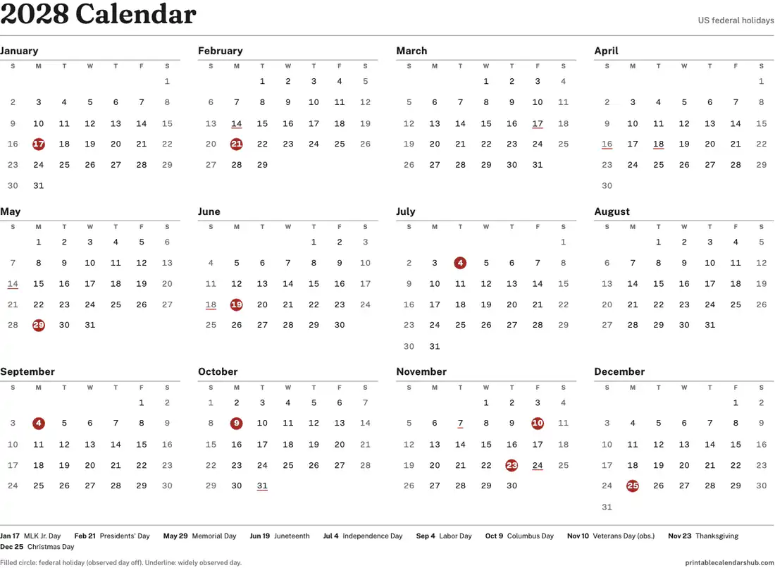 2028 printable calendar on one page with US holidays