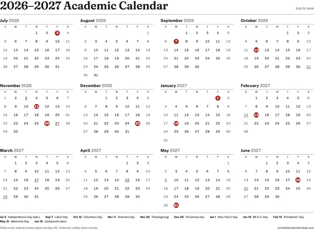 2026–2027 academic calendar, July to June, one page, landscape