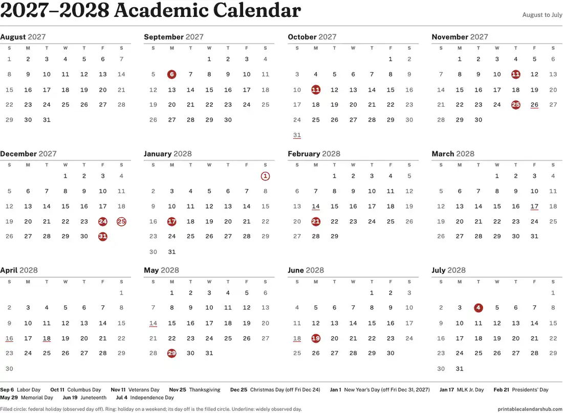 2027–2028 academic calendar, August to July, one page, landscape