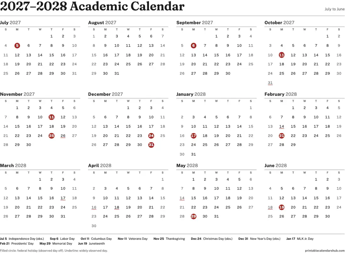 2027–2028 academic calendar, July to June, one page, landscape