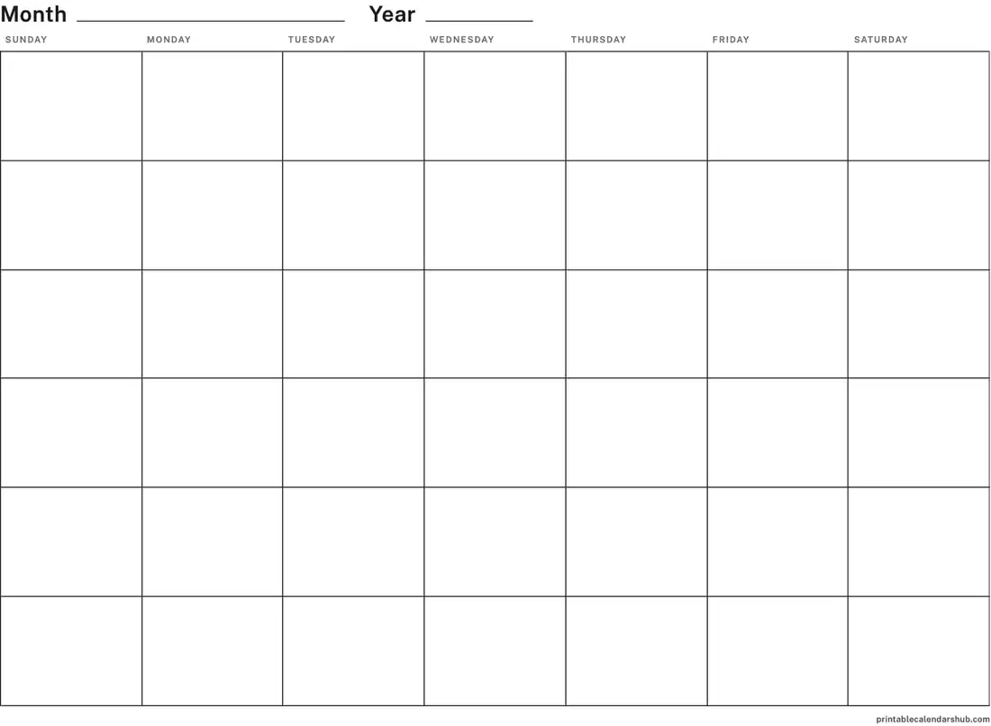 Blank calendar template, undated monthly grid, landscape
