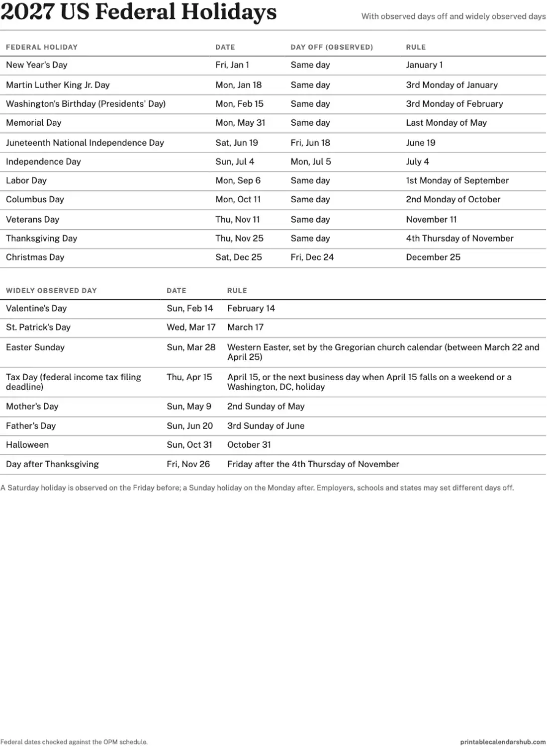 2027 US federal holidays printable list