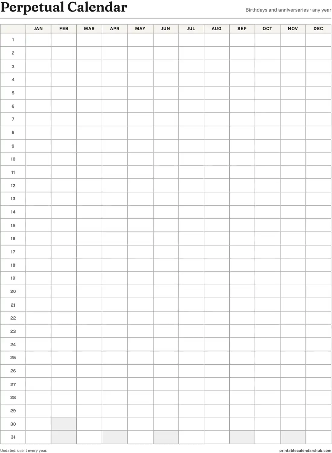 Perpetual calendar for birthdays and anniversaries, one page, portrait
