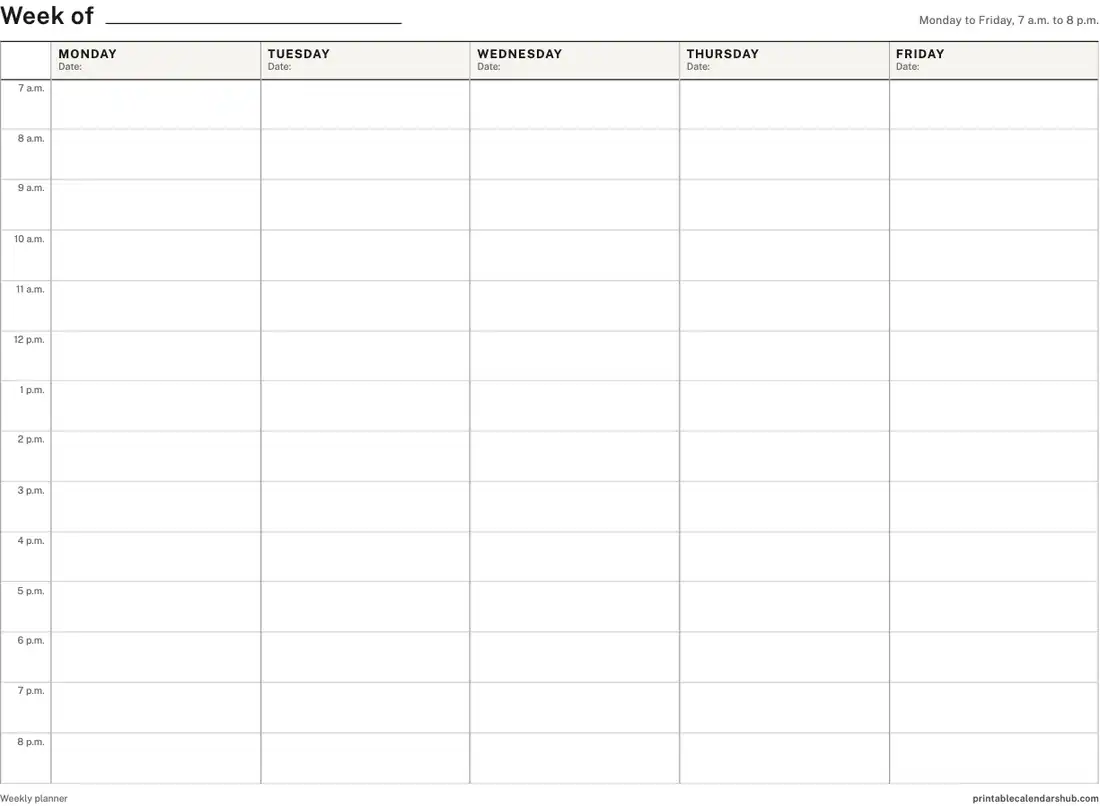 Printable weekly calendar, Monday to Friday, hourly, landscape