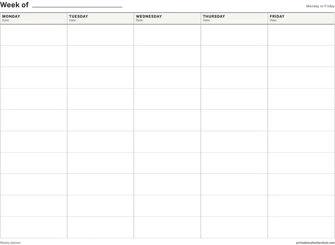 Printable weekly calendar, Monday to Friday, landscape