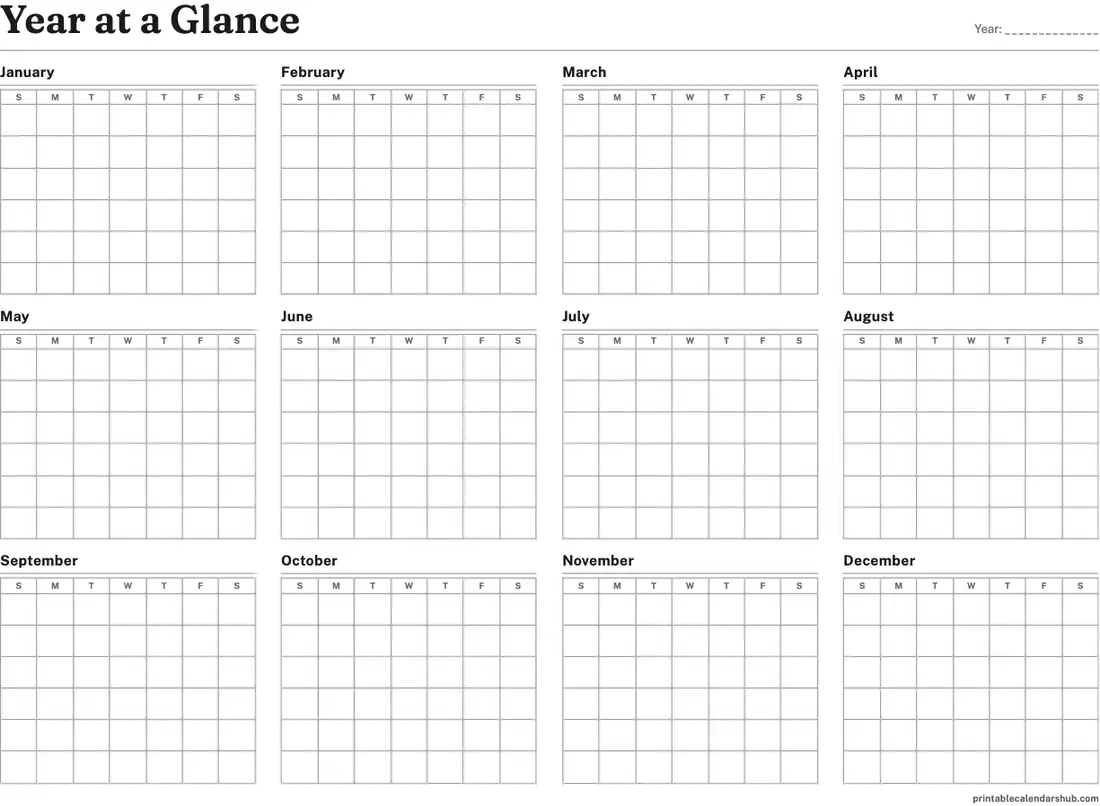 Blank yearly calendar template, year at a glance with 12 undated month grids, landscape